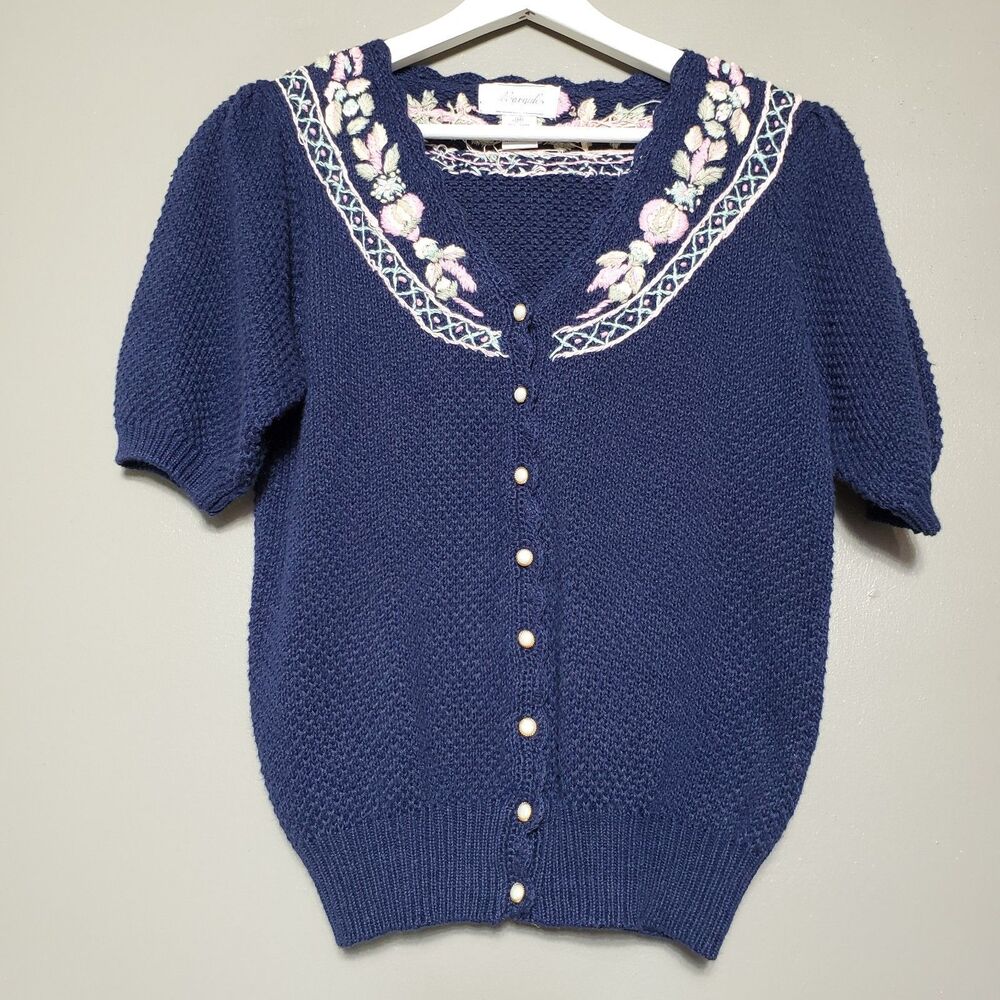 Vintage Margules Cardigan Sweater Size Medium Navy Blue Floral Embroider Cottage